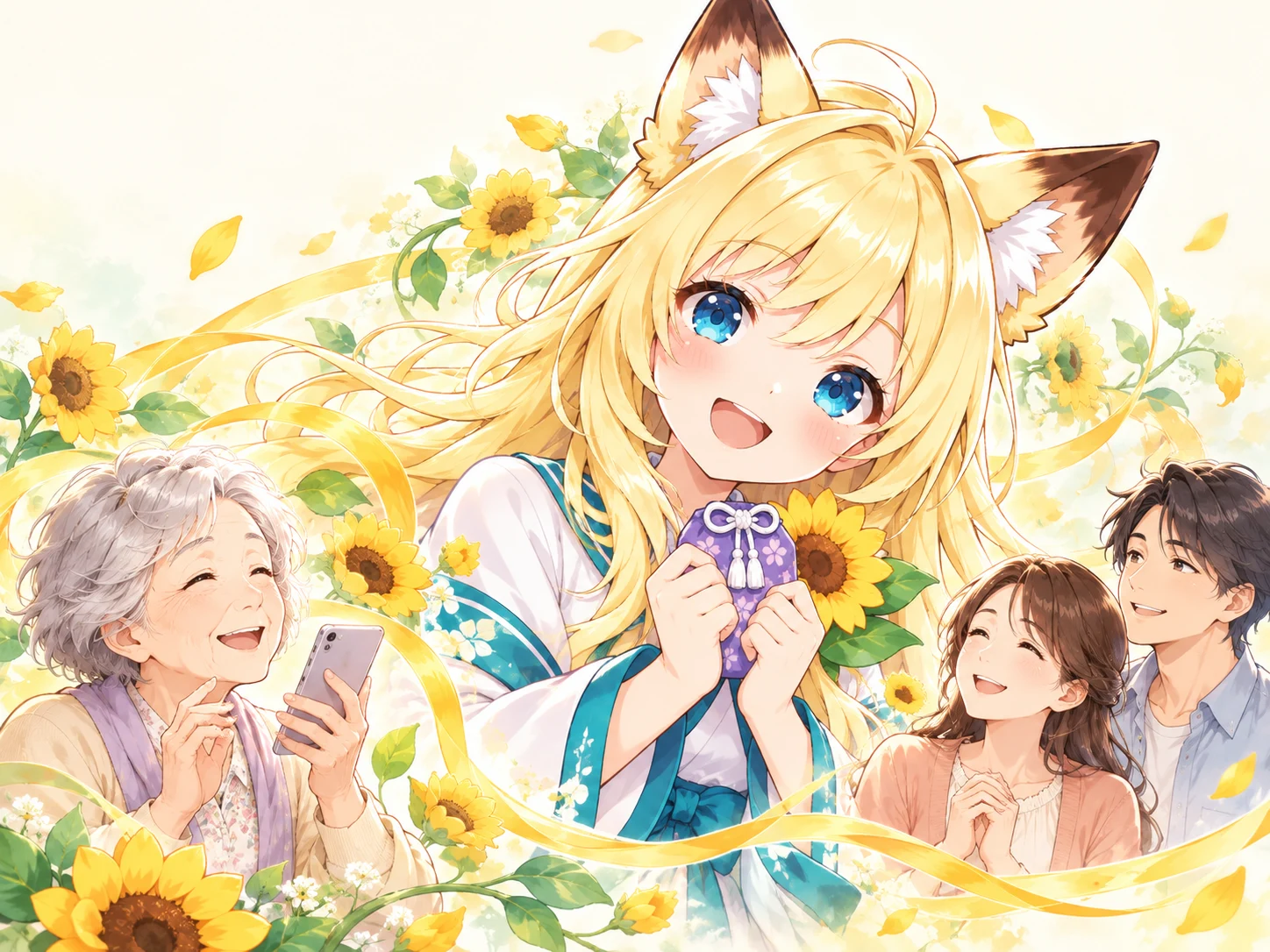 向日葵ちゃんを囲んで笑顔になる本人と家族。ひまわりと金色のリボンがつながりを表すイラスト